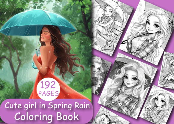 192 Cute Girl Spring Rain Coloring Book: A Creative Journey for Kids